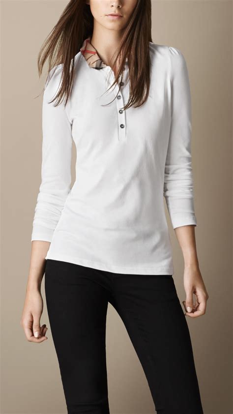 white burberry shirt women'|Burberry white long sleeve shirt.